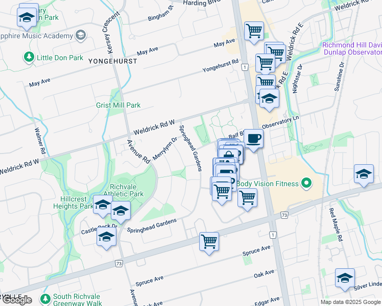map of restaurants, bars, coffee shops, grocery stores, and more near 168 Springhead Gardens in Richmond Hill