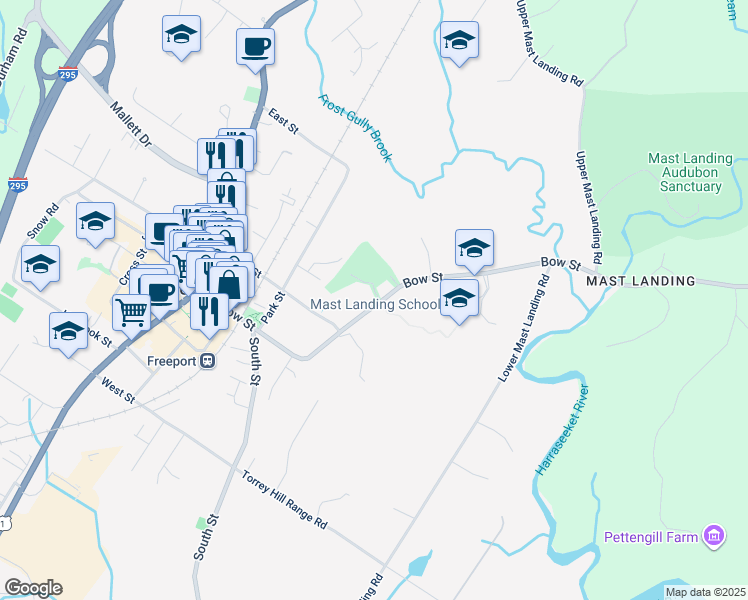 map of restaurants, bars, coffee shops, grocery stores, and more near 82 Bow Street in Freeport