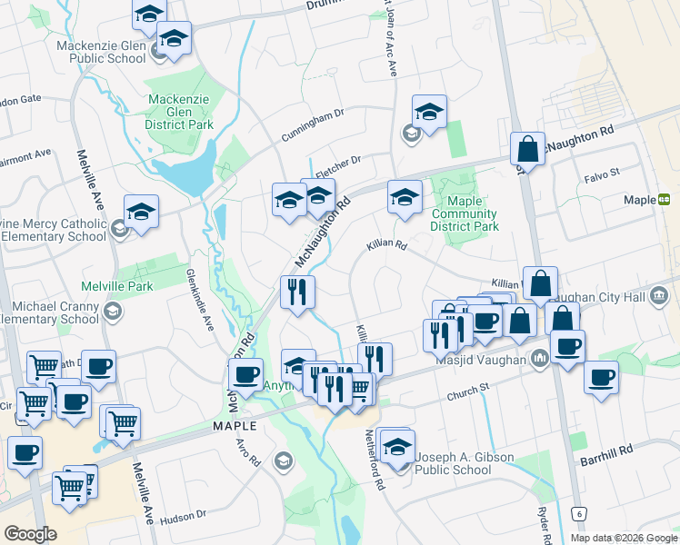 map of restaurants, bars, coffee shops, grocery stores, and more near 14 Oliver Lane in Vaughan