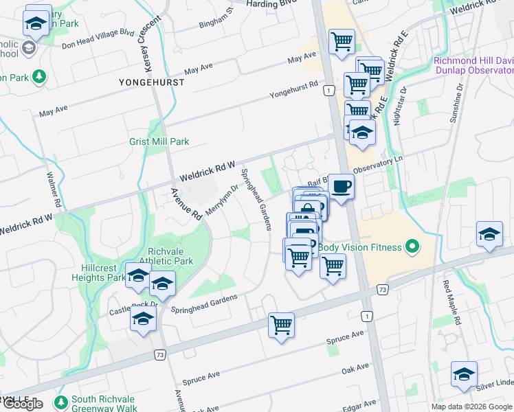 map of restaurants, bars, coffee shops, grocery stores, and more near 168 Springhead Gardens in Richmond Hill