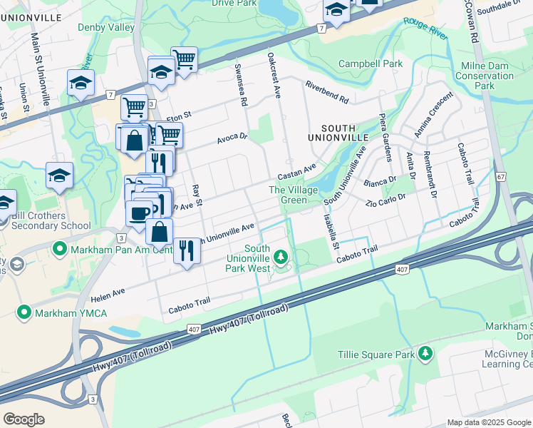 map of restaurants, bars, coffee shops, grocery stores, and more near 220 South Unionville Avenue in Markham