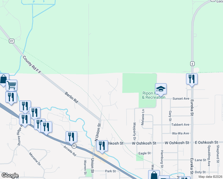 map of restaurants, bars, coffee shops, grocery stores, and more near 826 Layton Drive in Ripon