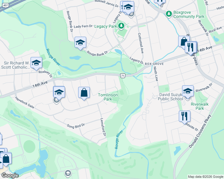 map of restaurants, bars, coffee shops, grocery stores, and more near 7 Upper Ridge Court in Markham