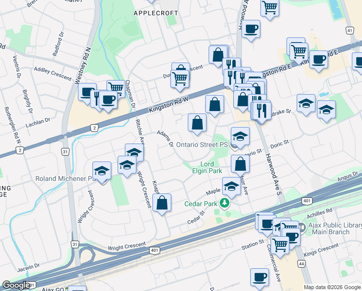 map of restaurants, bars, coffee shops, grocery stores, and more near 22 Palmer Drive in Ajax