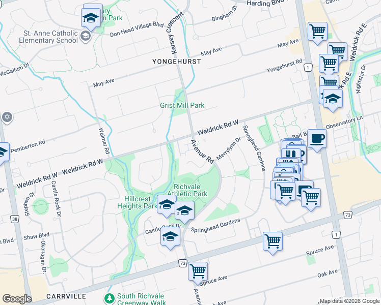 map of restaurants, bars, coffee shops, grocery stores, and more near 260 Avenue Road in Richmond Hill