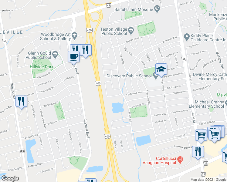 map of restaurants, bars, coffee shops, grocery stores, and more near 21 Convoy Crescent in Vaughan