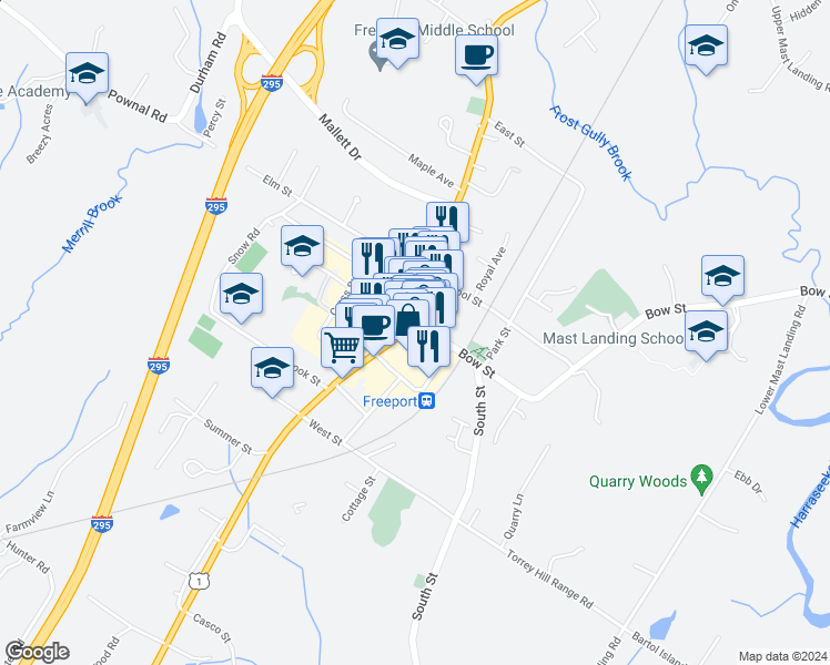 map of restaurants, bars, coffee shops, grocery stores, and more near 88 Main Street in Freeport