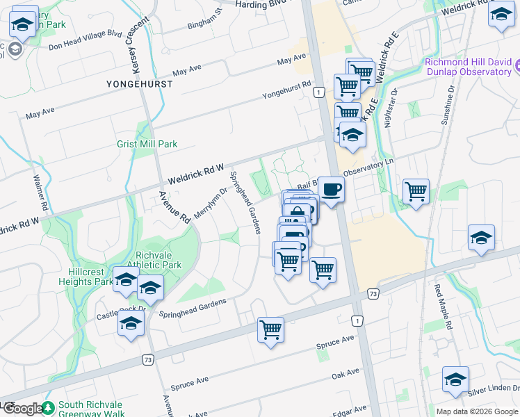 map of restaurants, bars, coffee shops, grocery stores, and more near 95 Baif Boulevard in Richmond Hill
