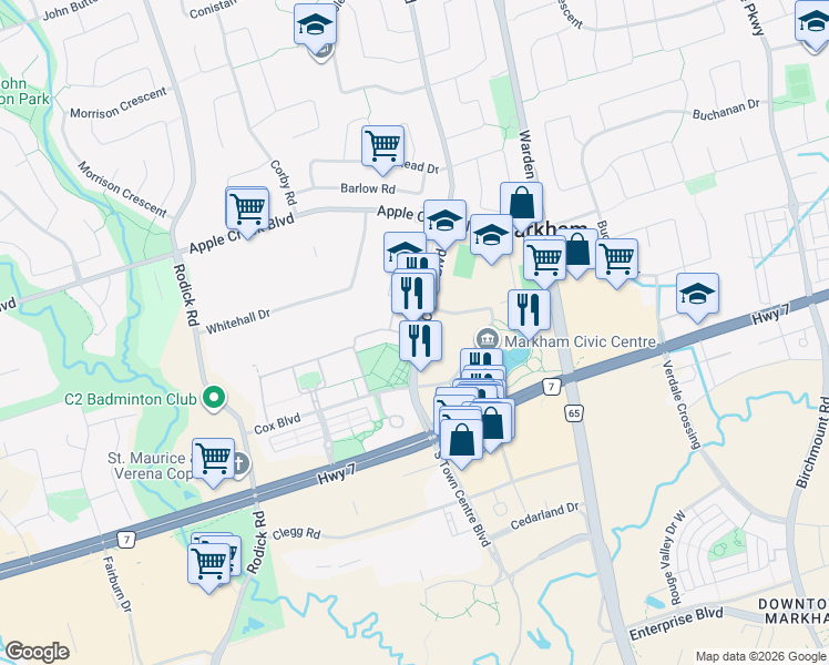 map of restaurants, bars, coffee shops, grocery stores, and more near 164 Town Centre Boulevard in Markham