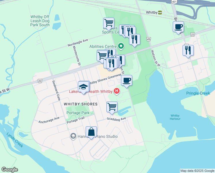 map of restaurants, bars, coffee shops, grocery stores, and more near 38 Longshore Way in Whitby