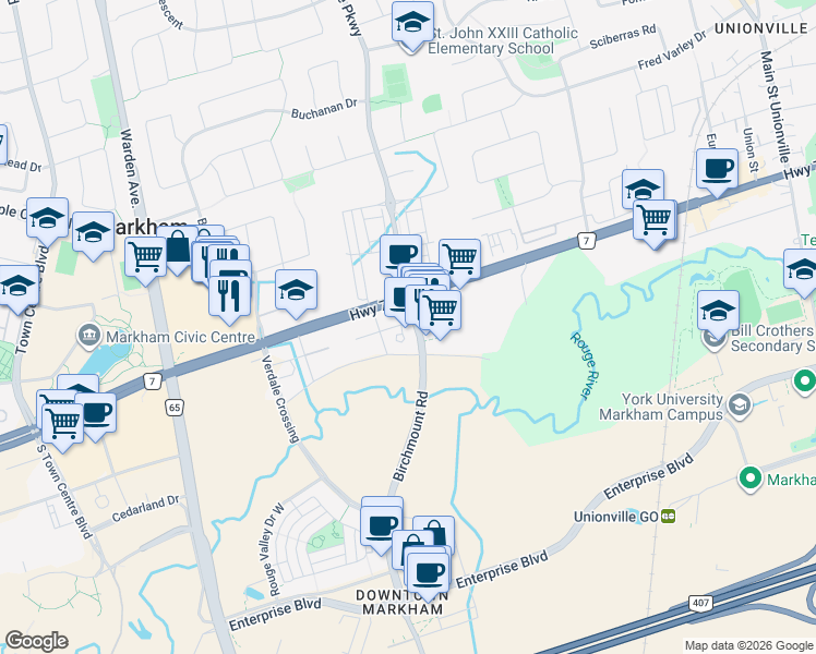 map of restaurants, bars, coffee shops, grocery stores, and more near 8200 Birchmount Road in Markham
