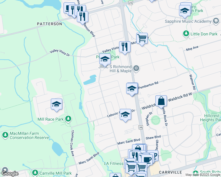 map of restaurants, bars, coffee shops, grocery stores, and more near Haven Road in Vaughan