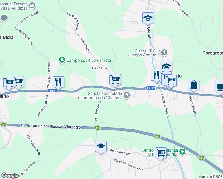 map of restaurants, bars, coffee shops, grocery stores, and more near 3519 Via Sarzanese in Lucca