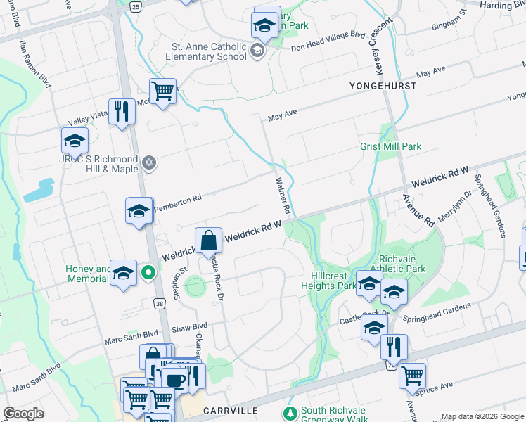 map of restaurants, bars, coffee shops, grocery stores, and more near 101 Dexter Road in Richmond Hill