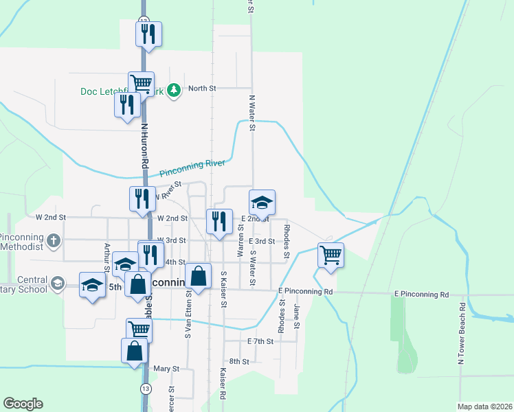 map of restaurants, bars, coffee shops, grocery stores, and more near 123 South Water Street in Pinconning
