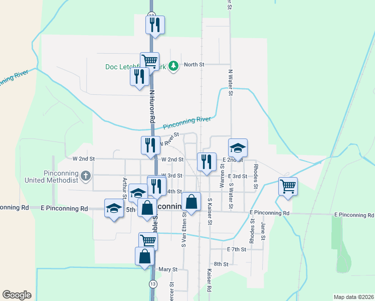 map of restaurants, bars, coffee shops, grocery stores, and more near 104-218 North Manitou Street in Pinconning