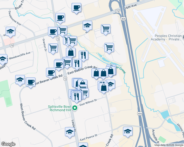 map of restaurants, bars, coffee shops, grocery stores, and more near 55 East Beaver Creek Road in Richmond Hill