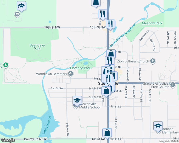 map of restaurants, bars, coffee shops, grocery stores, and more near 312 Lakeshore Drive in Stewartville