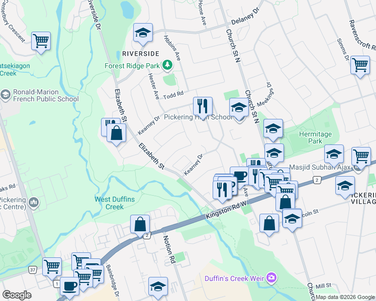 map of restaurants, bars, coffee shops, grocery stores, and more near 29 Darley Street in Ajax