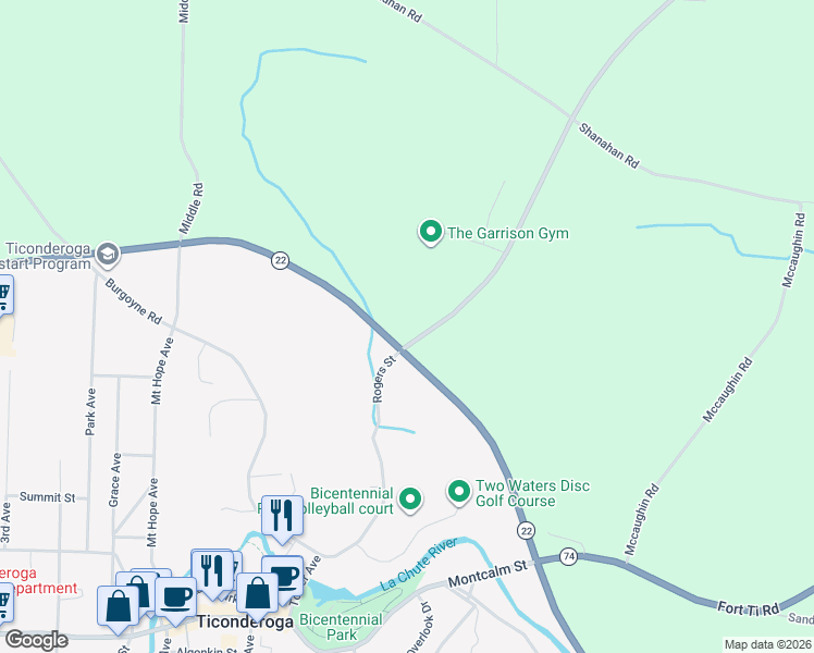 map of restaurants, bars, coffee shops, grocery stores, and more near 11 Shore-Airport Rd in Ticonderoga