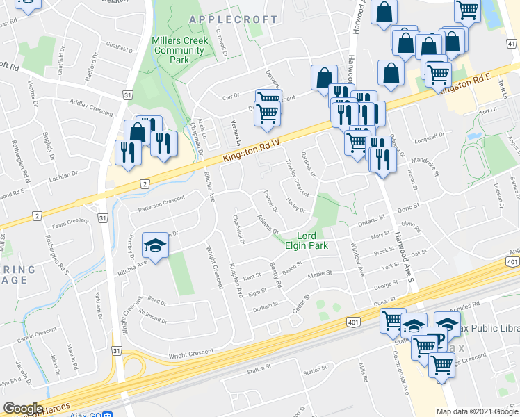 map of restaurants, bars, coffee shops, grocery stores, and more near 58 Adams Drive in Ajax