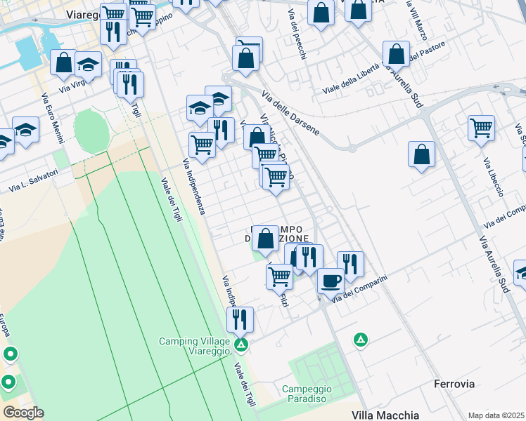 map of restaurants, bars, coffee shops, grocery stores, and more near 47 Via A. de Ambris in Viareggio