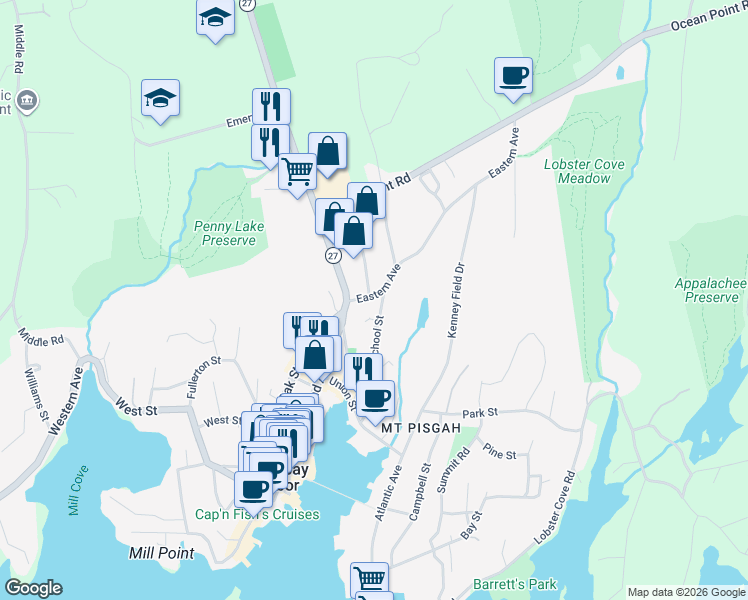 map of restaurants, bars, coffee shops, grocery stores, and more near 11 Eastern Avenue in Boothbay Harbor