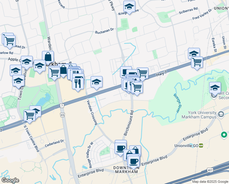 map of restaurants, bars, coffee shops, grocery stores, and more near 28 Uptown Drive in Markham
