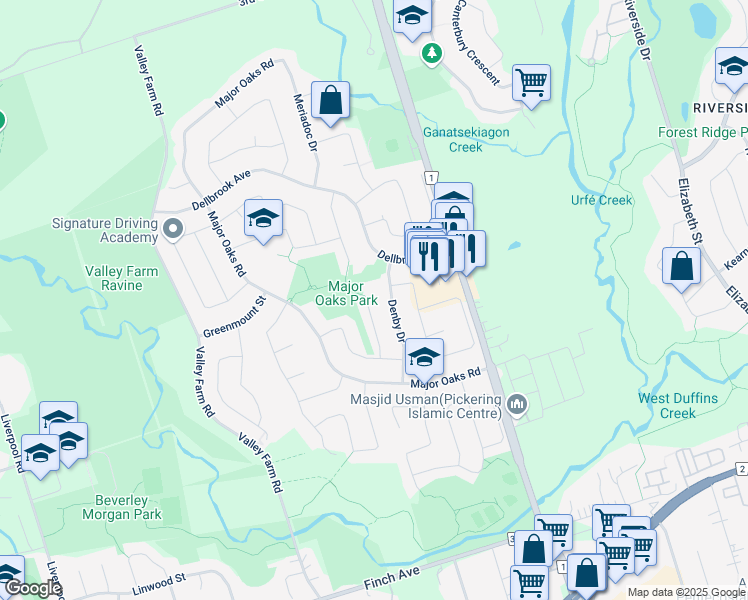 map of restaurants, bars, coffee shops, grocery stores, and more near 2137 Theoden Court in Pickering