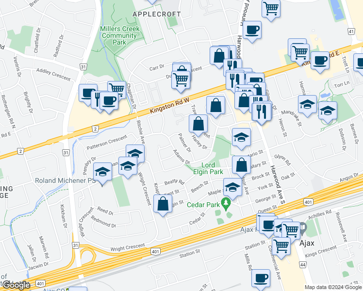 map of restaurants, bars, coffee shops, grocery stores, and more near 58 Adams Drive in Ajax