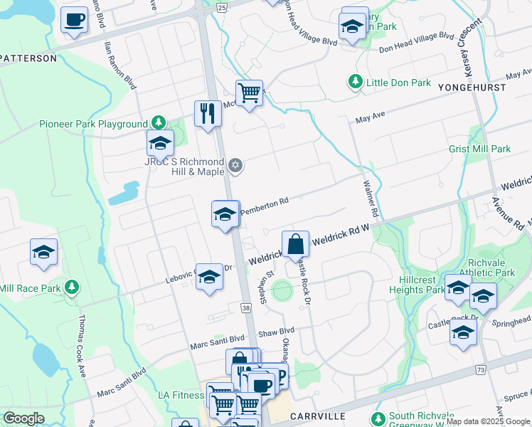 map of restaurants, bars, coffee shops, grocery stores, and more near 151 Pemberton Road in Richmond Hill