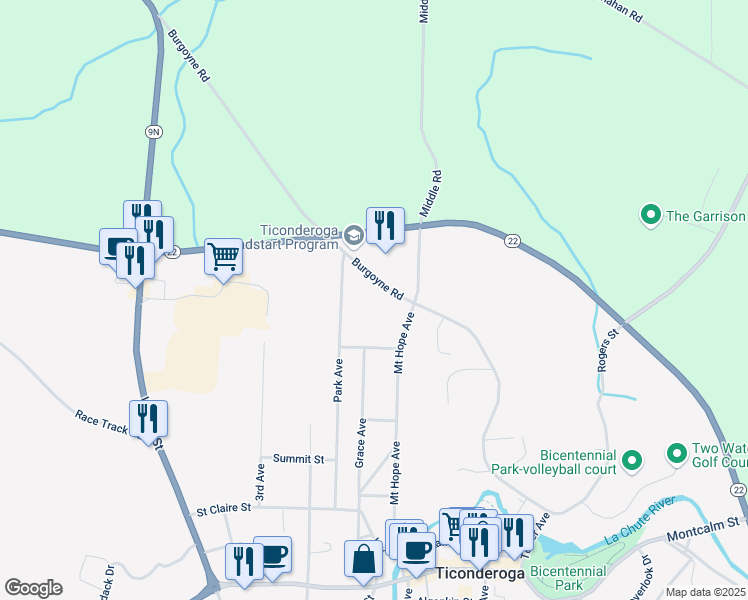 map of restaurants, bars, coffee shops, grocery stores, and more near 241 Burgoyne Rd in Ticonderoga