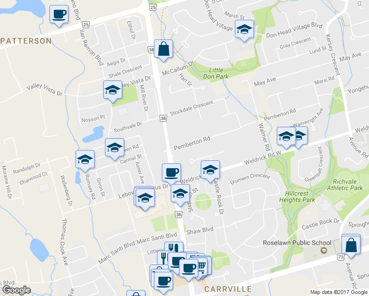 map of restaurants, bars, coffee shops, grocery stores, and more near 151 Pemberton Road in Richmond Hill