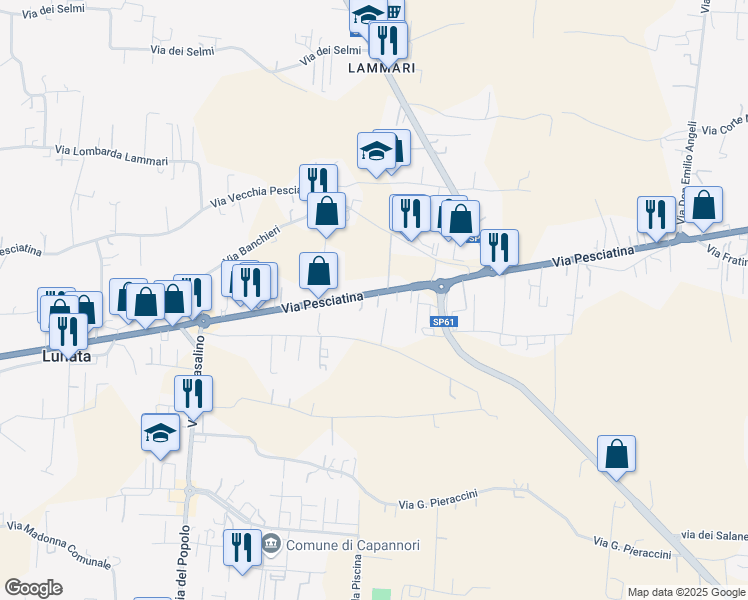 map of restaurants, bars, coffee shops, grocery stores, and more near 308 Via Pesciatina in Capannori