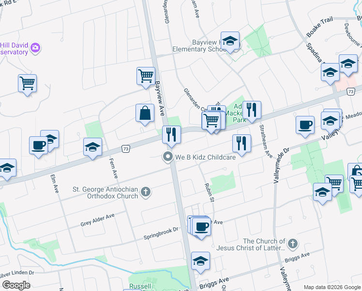 map of restaurants, bars, coffee shops, grocery stores, and more near 9275 Bayview Avenue in Richmond Hill