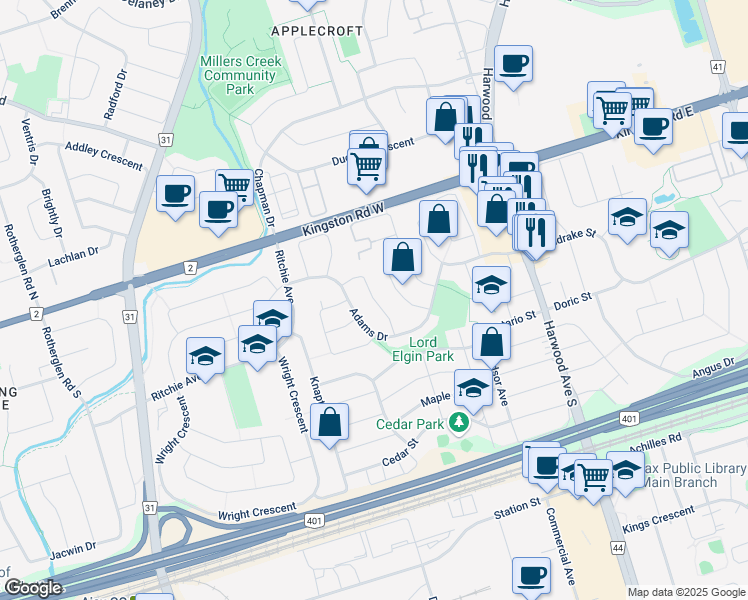 map of restaurants, bars, coffee shops, grocery stores, and more near Palmer Drive in Ajax