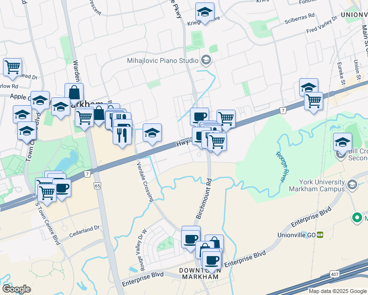 map of restaurants, bars, coffee shops, grocery stores, and more near in Markham