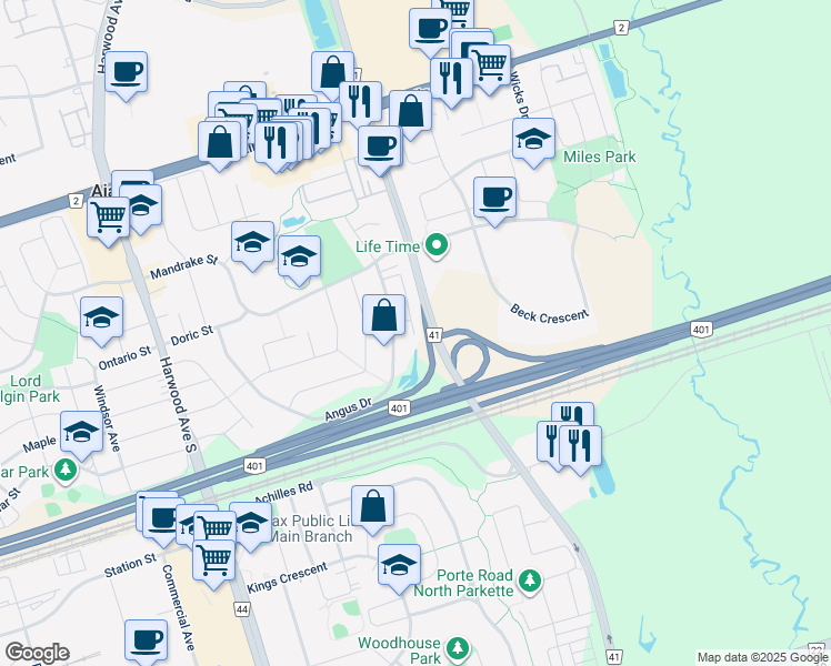 map of restaurants, bars, coffee shops, grocery stores, and more near 77 Cooperage Lane in Ajax