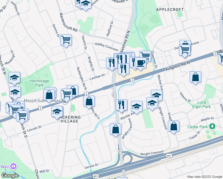 map of restaurants, bars, coffee shops, grocery stores, and more near 2 Westney Road South in Ajax