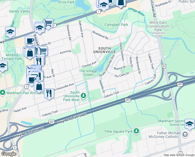 map of restaurants, bars, coffee shops, grocery stores, and more near 82 Isabella Street in Markham