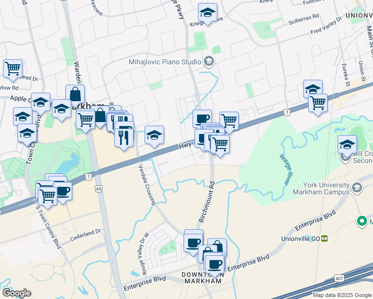 map of restaurants, bars, coffee shops, grocery stores, and more near in Markham