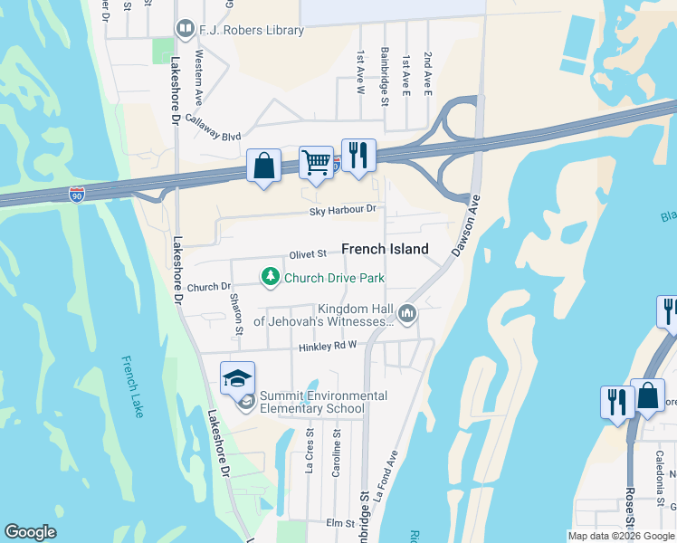 map of restaurants, bars, coffee shops, grocery stores, and more near 121 Church Drive in La Crosse