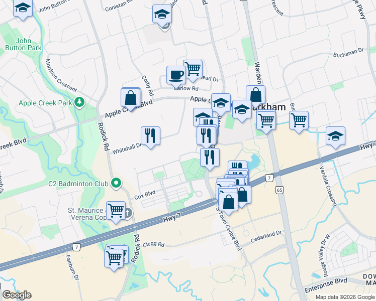 map of restaurants, bars, coffee shops, grocery stores, and more near 22 Interlacken Way in Markham