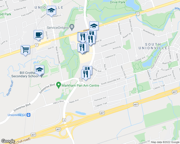 map of restaurants, bars, coffee shops, grocery stores, and more near 8339 Kennedy Road in Markham