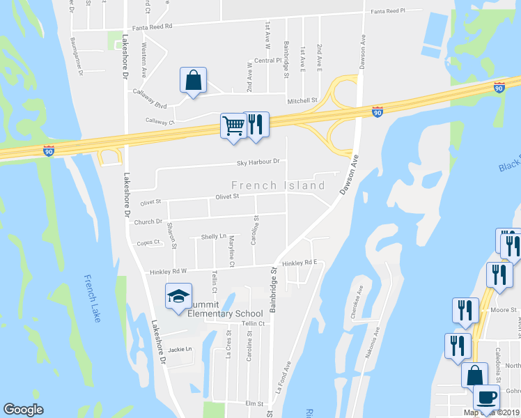 map of restaurants, bars, coffee shops, grocery stores, and more near 121 Church Drive in La Crosse