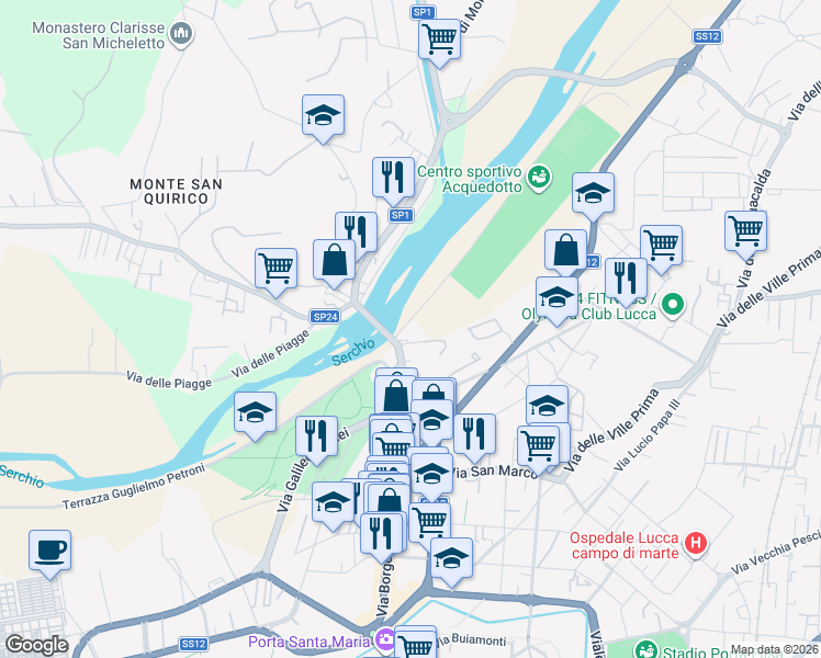 map of restaurants, bars, coffee shops, grocery stores, and more near 50 Via Della Macchia in Lucca