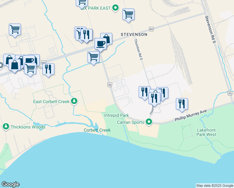 map of restaurants, bars, coffee shops, grocery stores, and more near 1287 Boundary Road in Oshawa