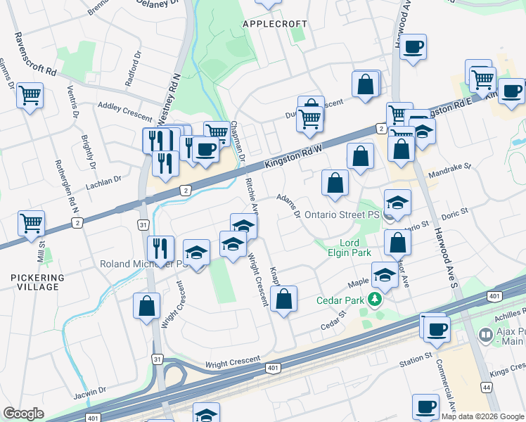 map of restaurants, bars, coffee shops, grocery stores, and more near in Ajax
