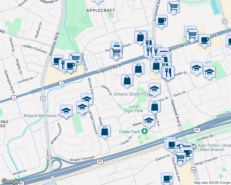 map of restaurants, bars, coffee shops, grocery stores, and more near 28 Palmer Drive in Ajax
