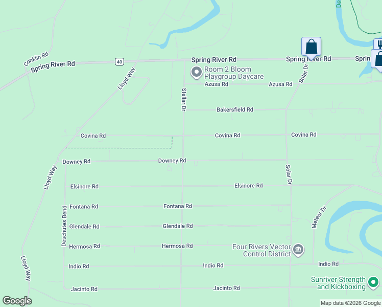 map of restaurants, bars, coffee shops, grocery stores, and more near 17028 Downey Road in Bend